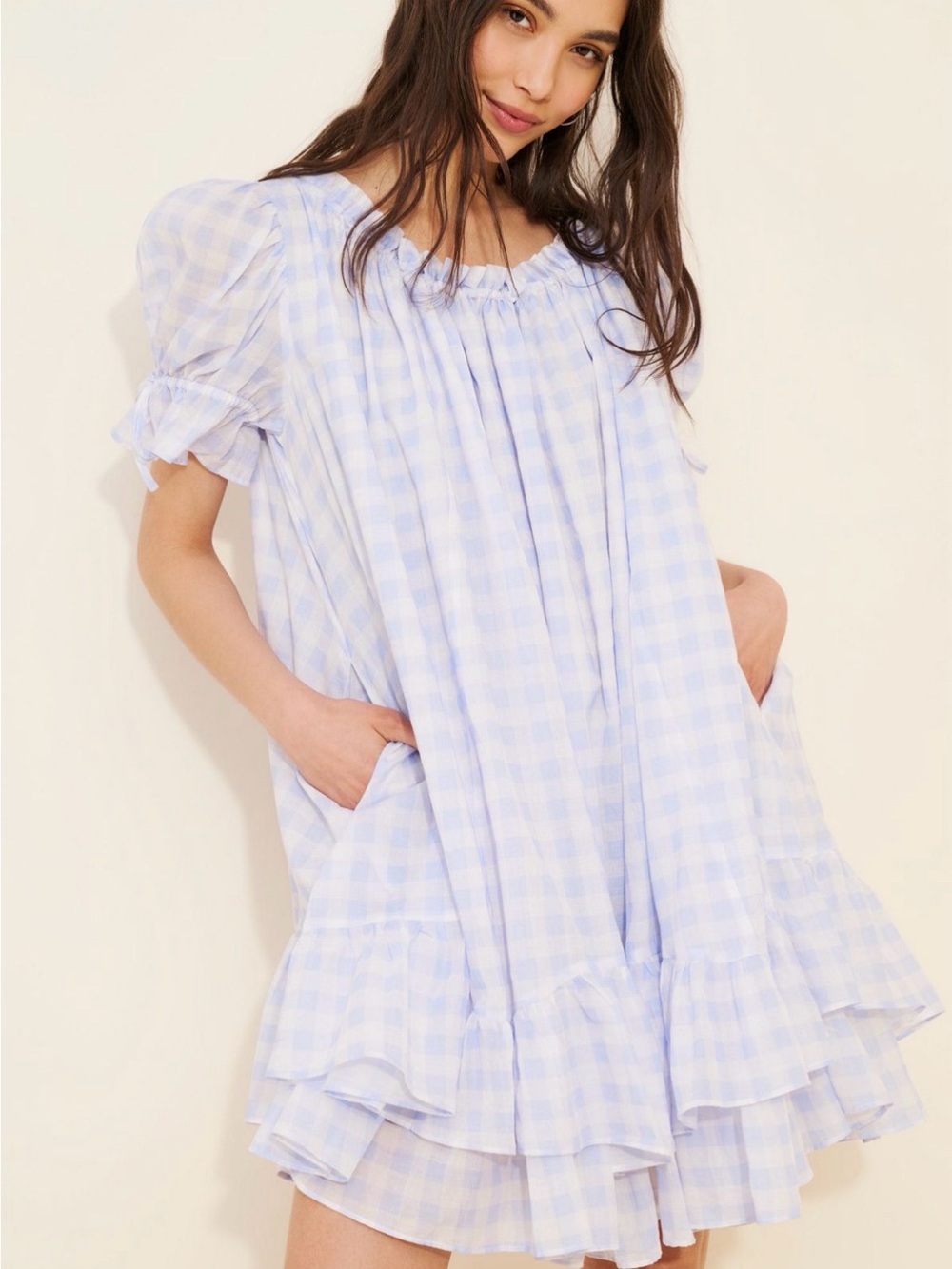 Selkie shipreck Light Blue Gingham Puff-Sleeve Mini Dress Chemise - XS - EUC